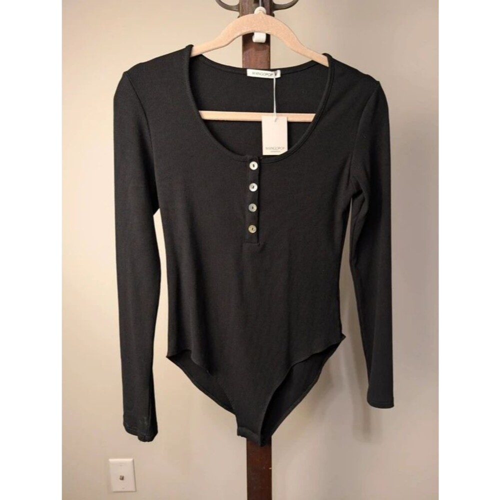 NWT MangoPop Black Ribbed Long Sleeve Henley Bodysuit M